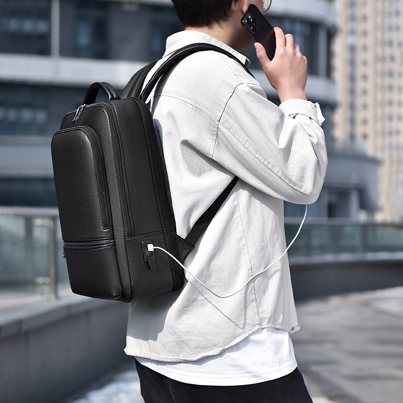 PU Leather Men's Backpack USB  - Leather Work Laptop Bag 评论和价格